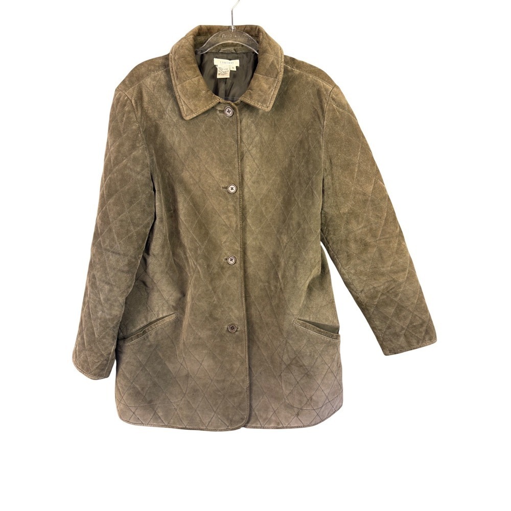 CO & EDDY Women Olive Green Quilted barn coat Suede Leather Jacket Size 12